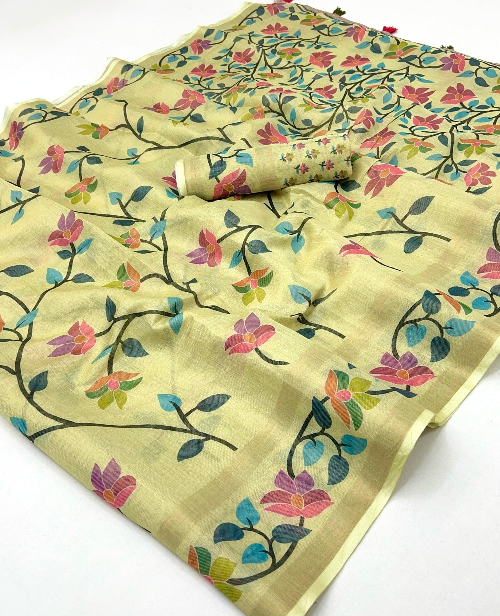 Crayola Yellow Digital Printed Linen Soft Saree Blouse Piece