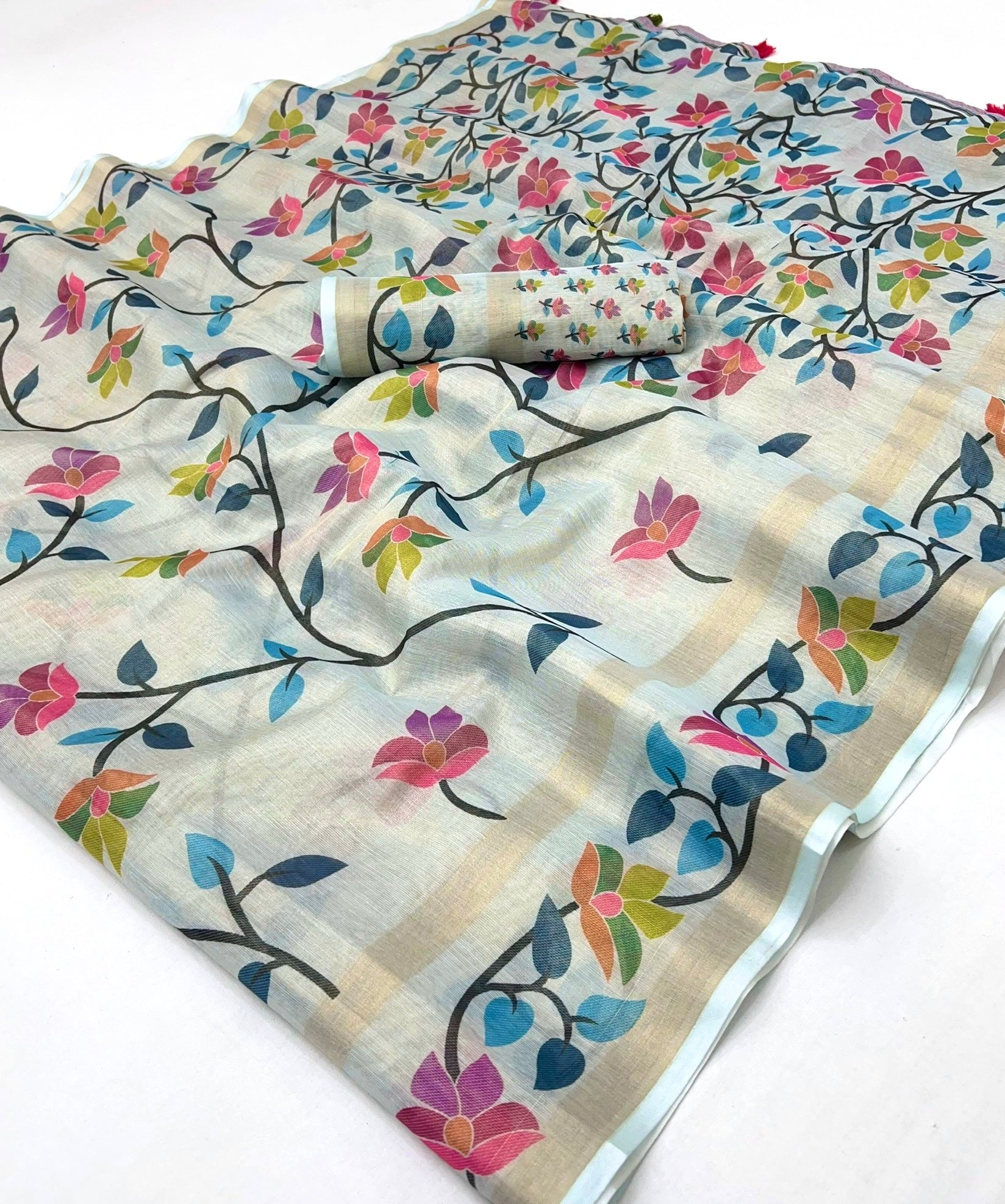 Pale Sky Blue Digital Printed Linen Soft Saree Blouse Piece