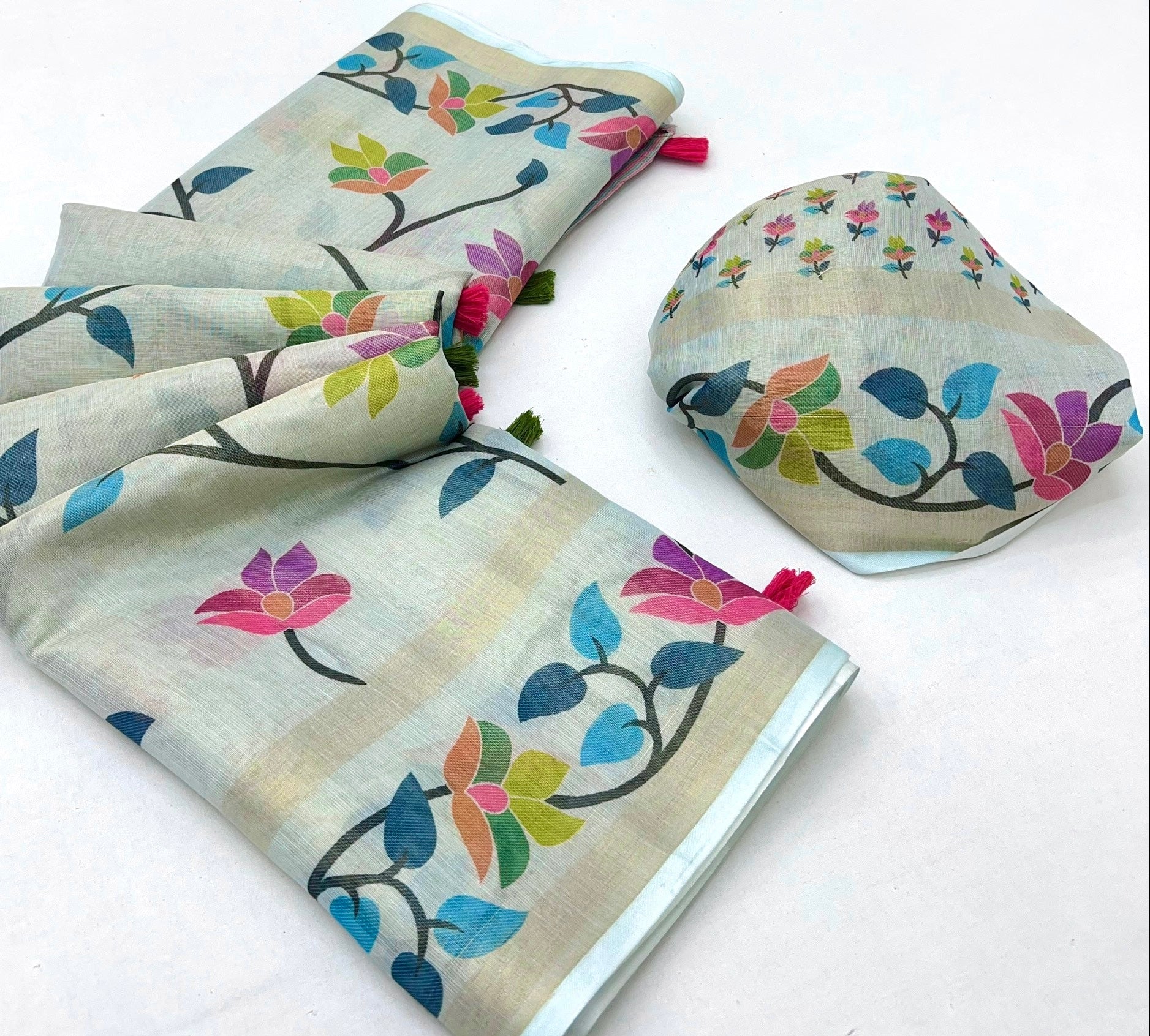 Pale Sky Blue Digital Printed Linen Soft Saree Blouse Piece