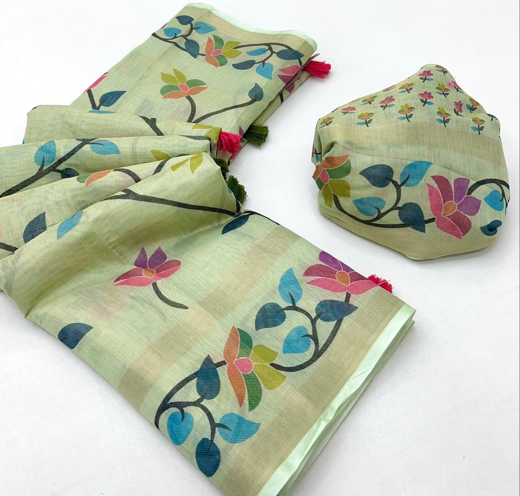 Pista Green Digital Printed Linen Soft Saree Blouse Piece