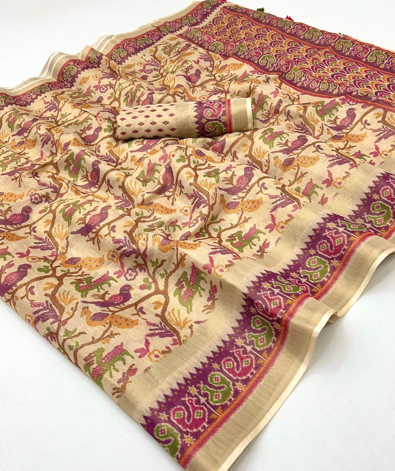 Cream With Wine Digital Printed Linen Soft Saree Blouse Piece