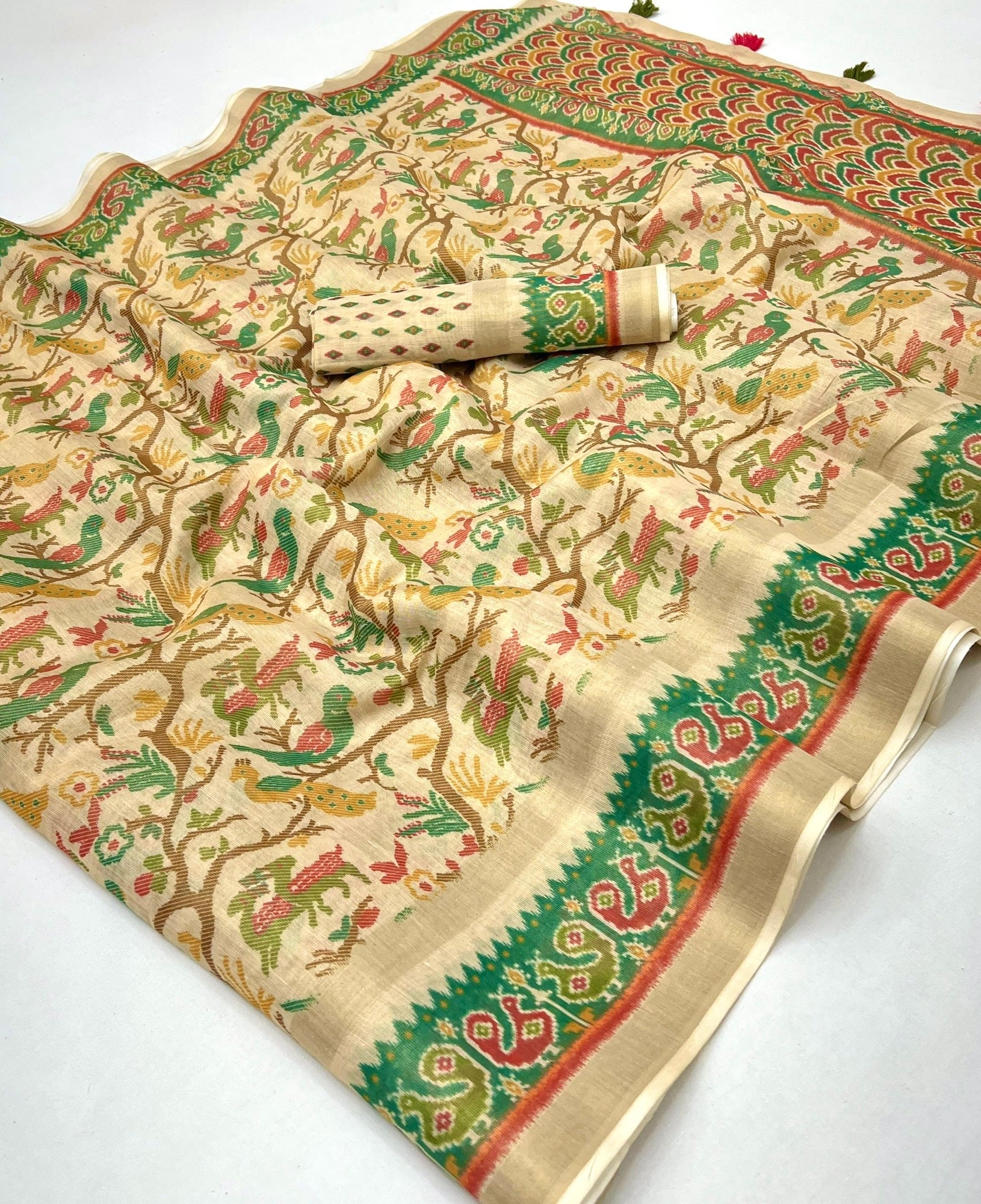 Cream With Green Digital Printed Linen Soft Saree Blouse Piece