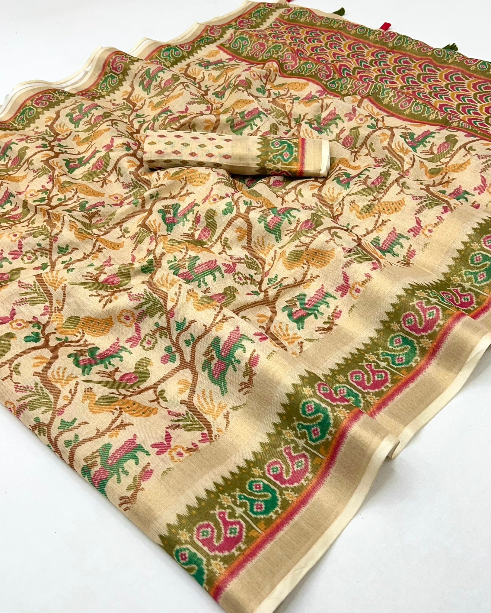 Cream With Parrot Digital Printed Linen Soft Saree Blouse Piece