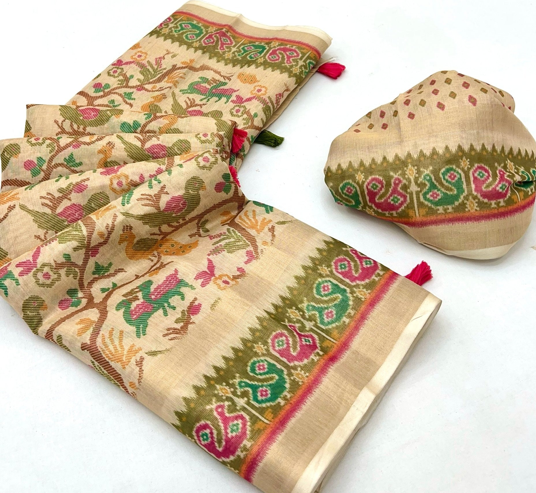 Cream With Parrot Digital Printed Linen Soft Saree Blouse Piece