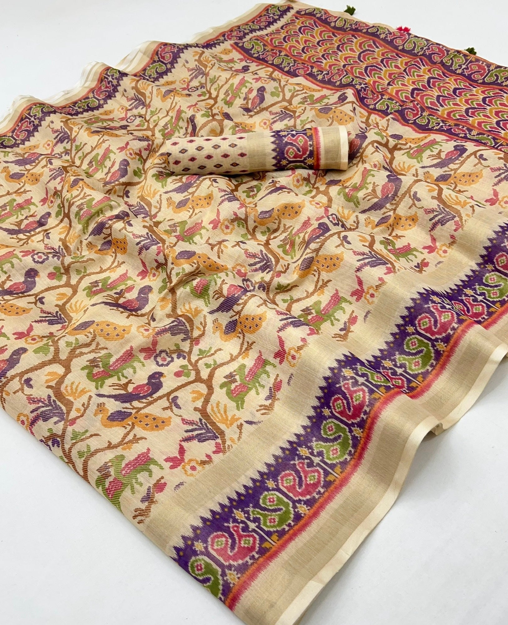 Cream With Purple Digital Printed Linen Soft Saree Blouse Piece