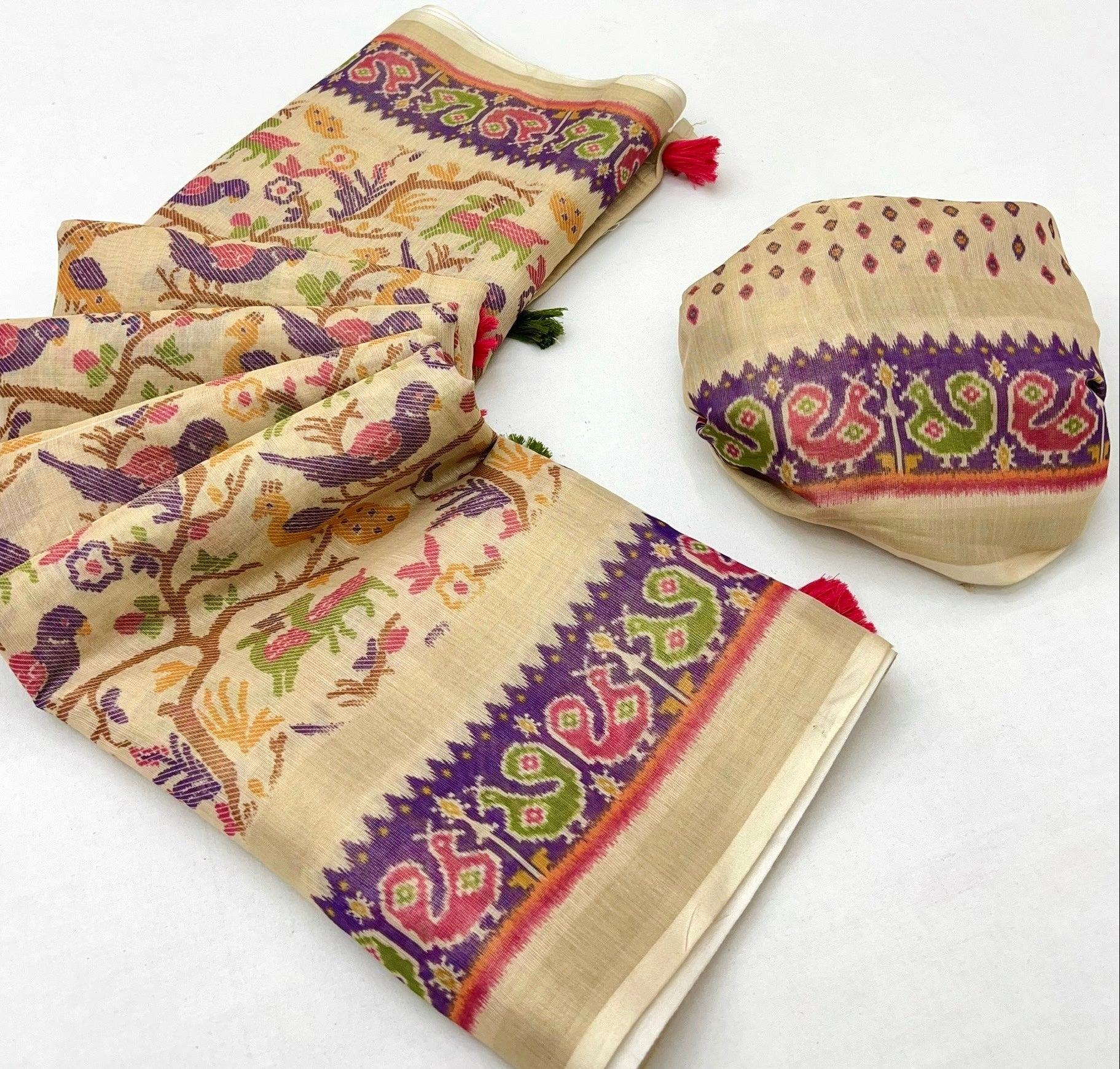 Cream With Purple Digital Printed Linen Soft Saree Blouse Piece