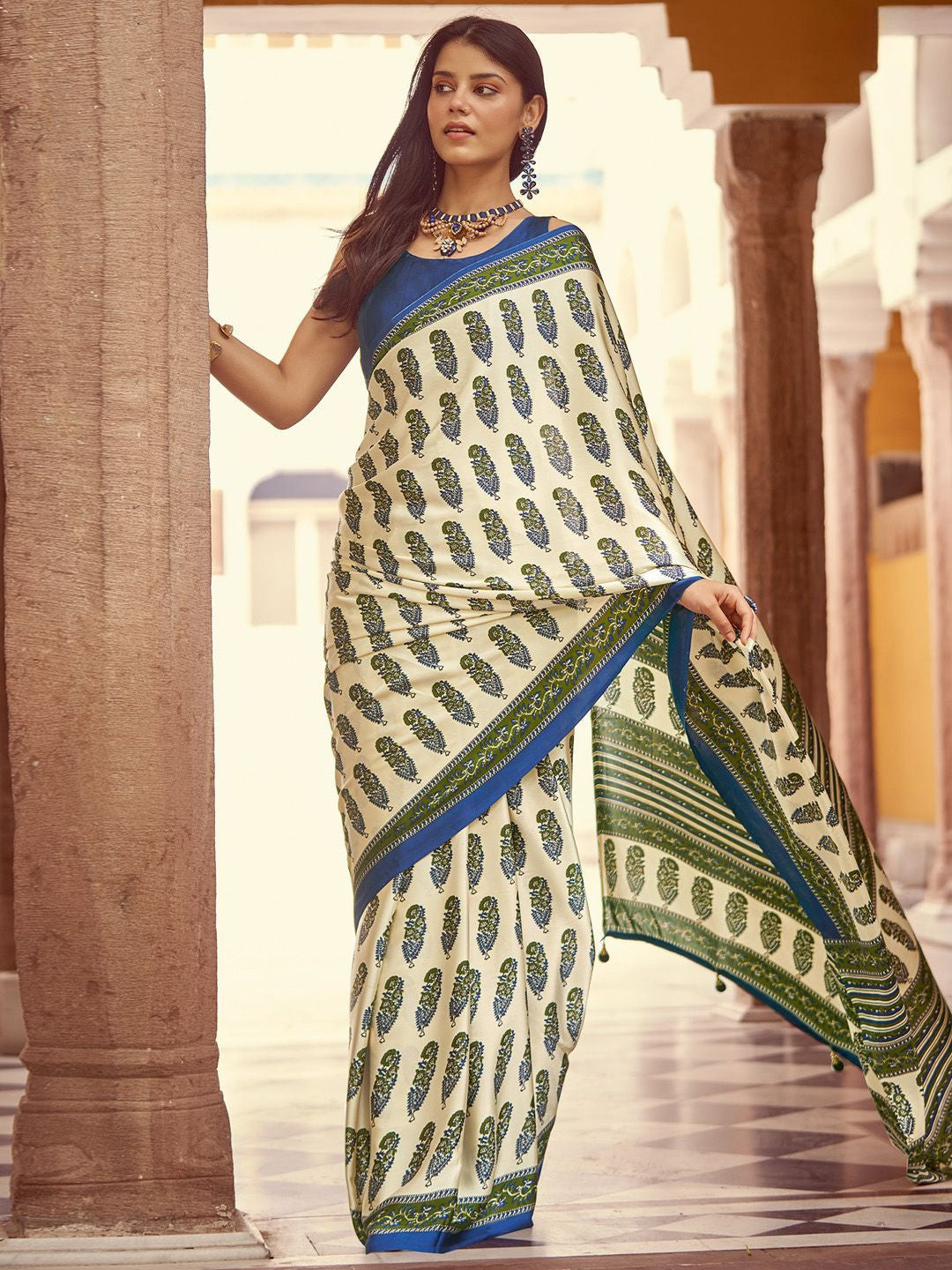 Pearly New Ajrakh Printed Satin Crepe Saree