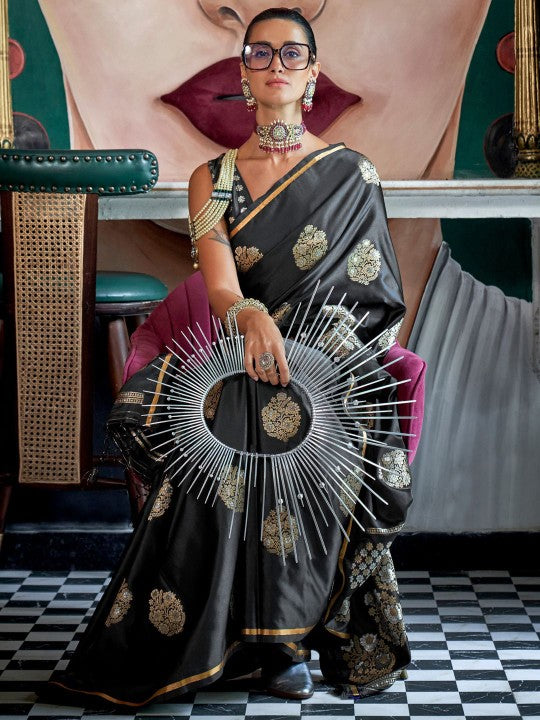 Beautiful Black Woven Handloom Banarasi Satin Silk Saree