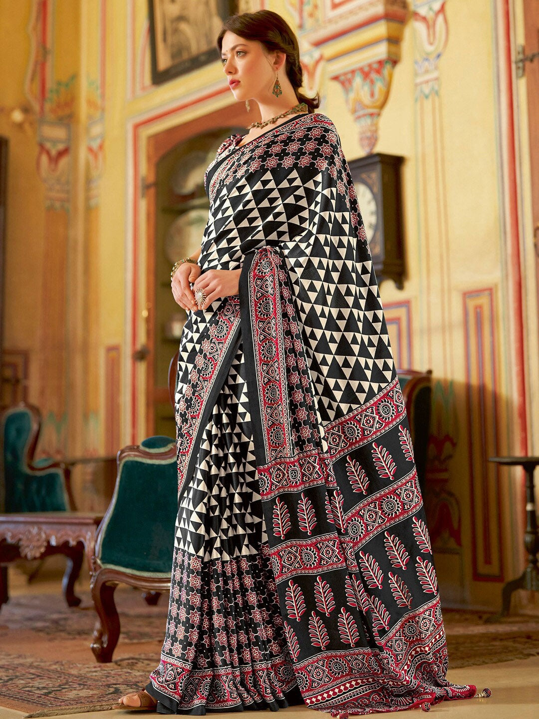 Black New Ajrakh Printed Satin Crepe Saree