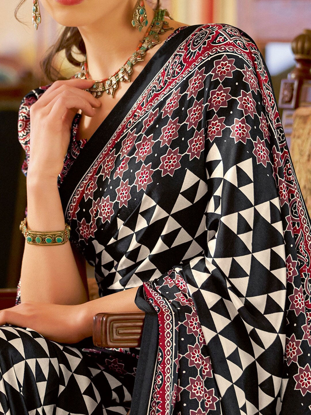 Black New Ajrakh Printed Satin Crepe Saree