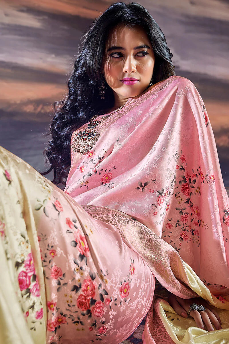 Breathtaking Light Beige Floral Printed Satin Silk Saree