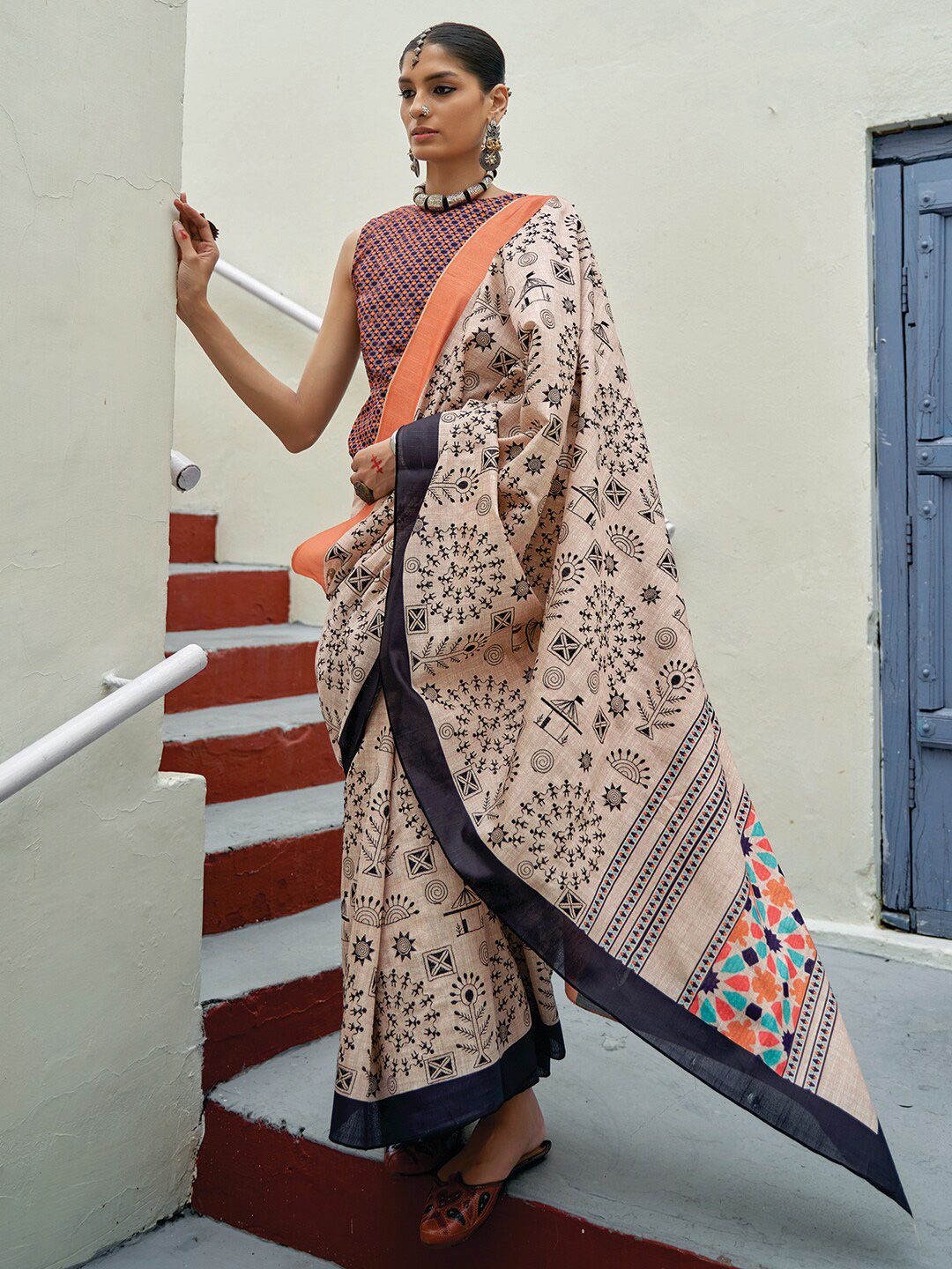 Cream and Orange Ajrakh Printed Designer Banarasi Saree