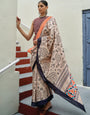 Cream and Orange Ajrakh Printed Designer Banarasi Saree