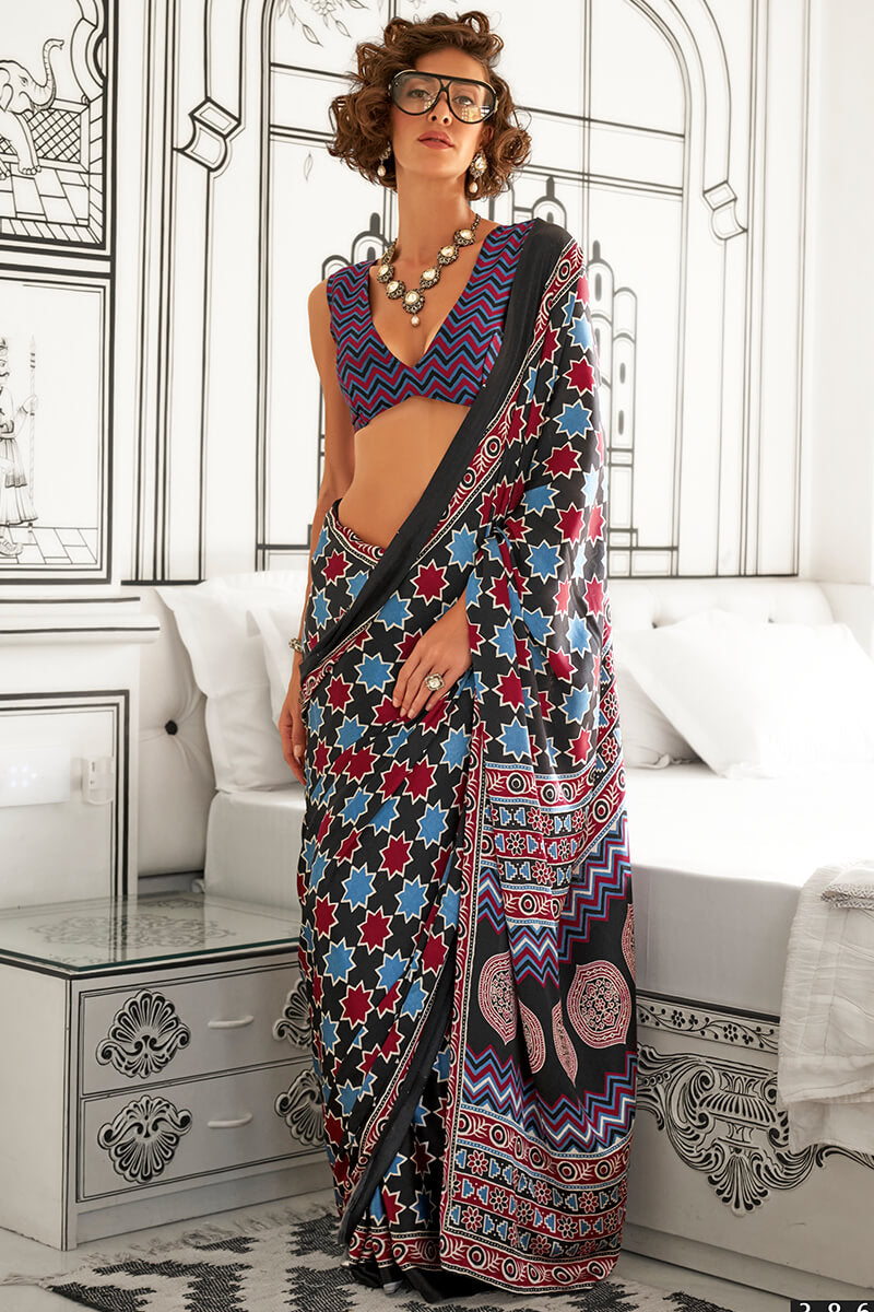 Black and Blue Printed Ajrakh Satin Crepe Saree