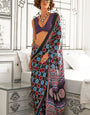 Black and Blue Printed Ajrakh Satin Crepe Saree