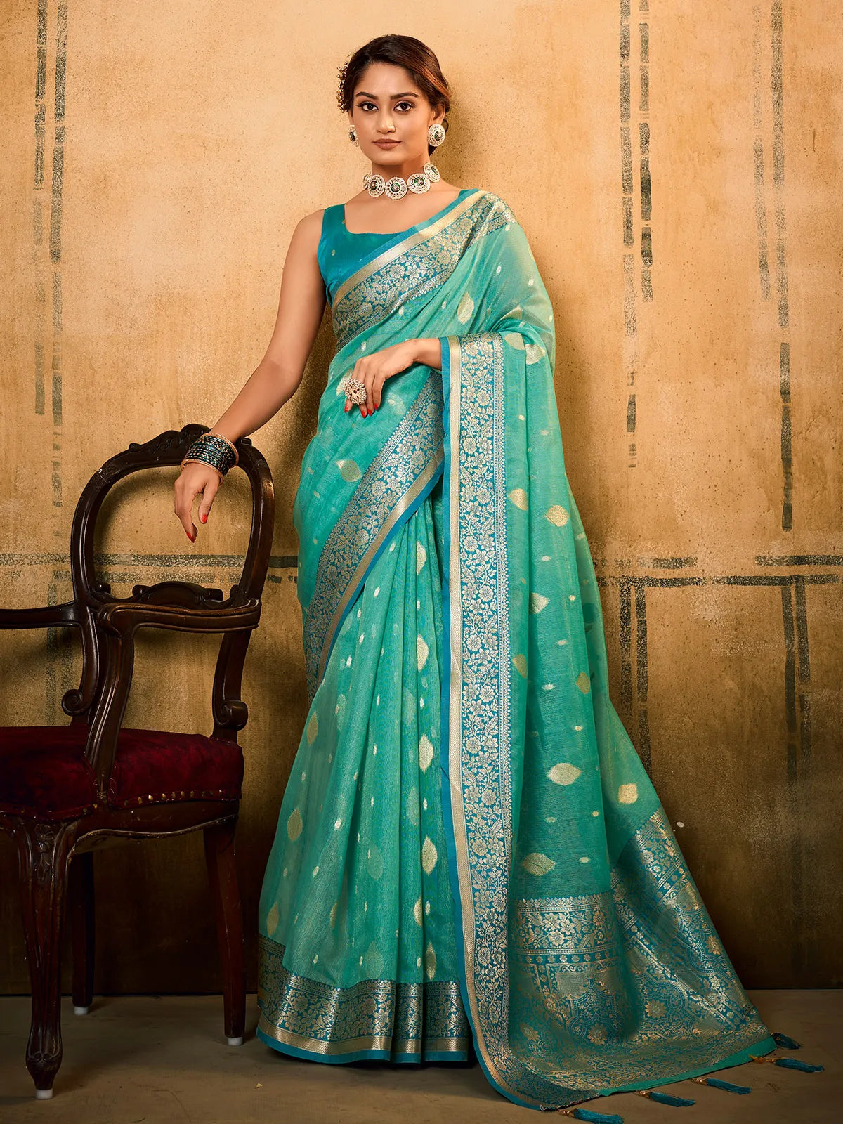 Aqua Blue Traditional Banarasi Silk Saree