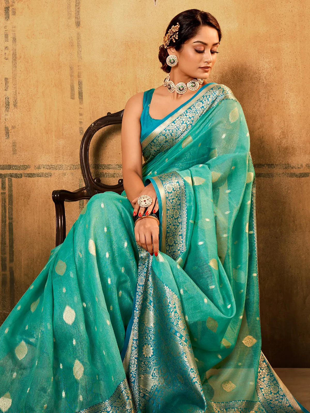 Aqua Blue Traditional Banarasi Silk Saree