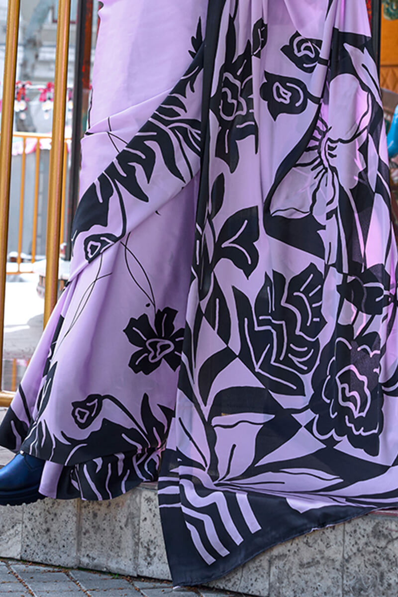 Orchid Lavender Printed Satin Crepe Silk Saree