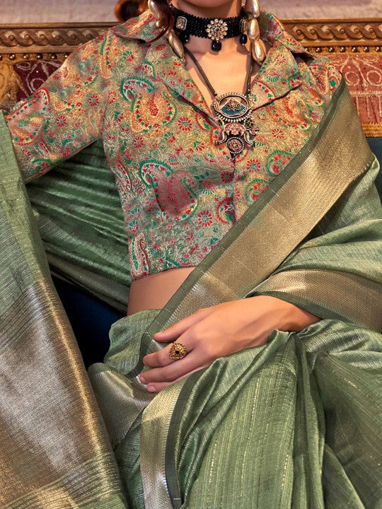 Olive Green Woven Moss Chiffon Handloom Weaving Silk Saree