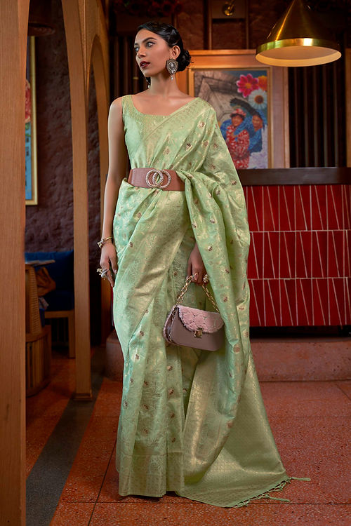 Gorgeous Pista Soft Banarasi Silk Saree With Alluring Blouse Piece