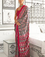 Cherry Red Printed Ajrakh Satin Crepe Saree