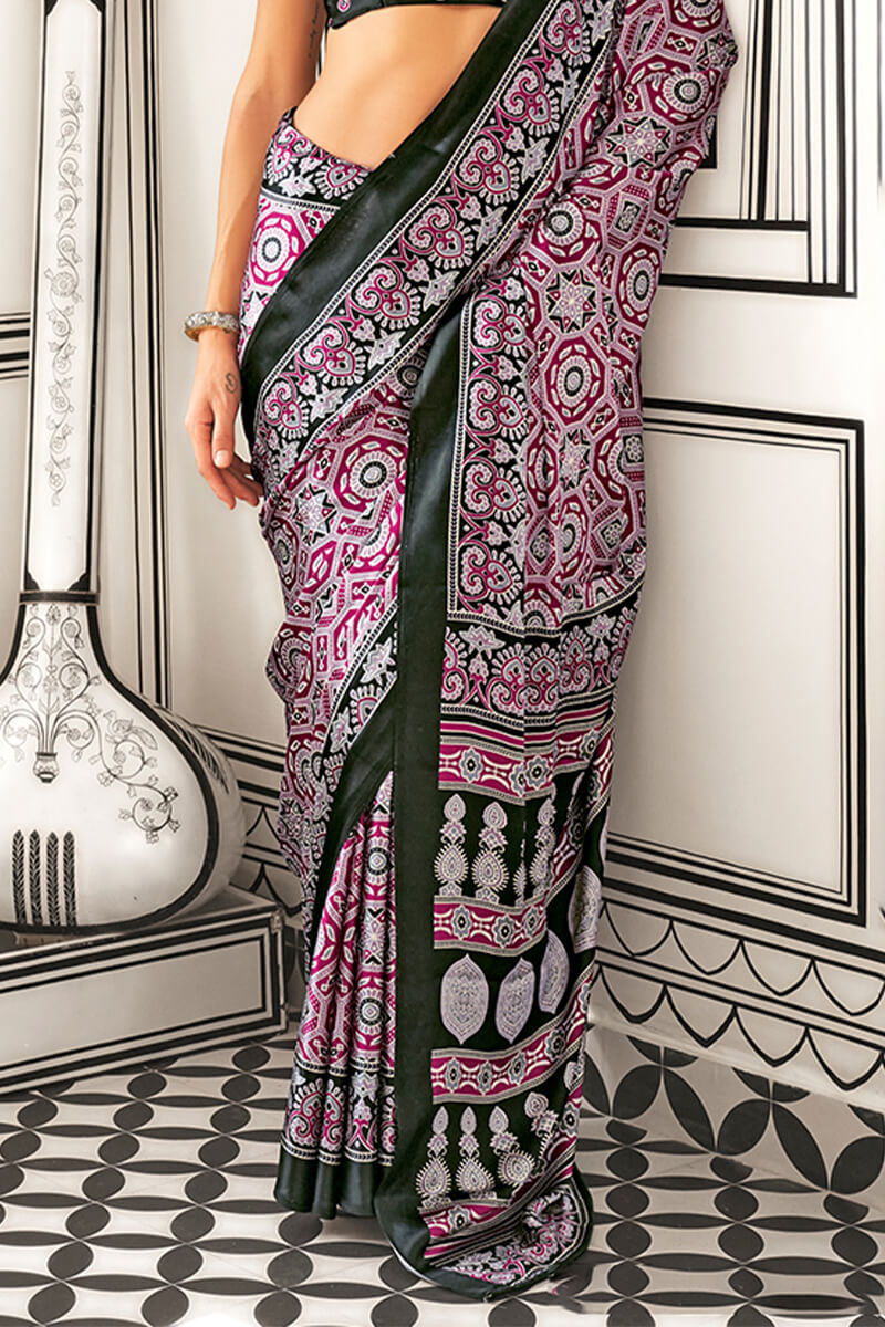 Wine Printed Ajrakh Satin Crepe Saree