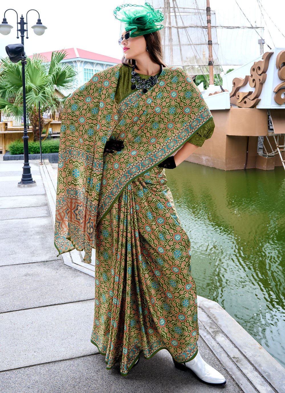 Office Wear Soft Green Ajrakh Printed Satin Crepe Saree