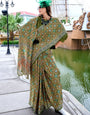 Office Wear Soft Green Ajrakh Printed Satin Crepe Saree