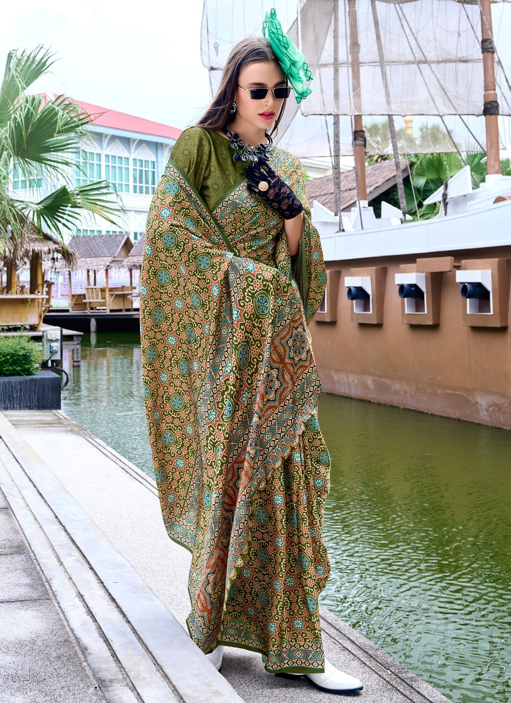 Office Wear Soft Green Ajrakh Printed Satin Crepe Saree