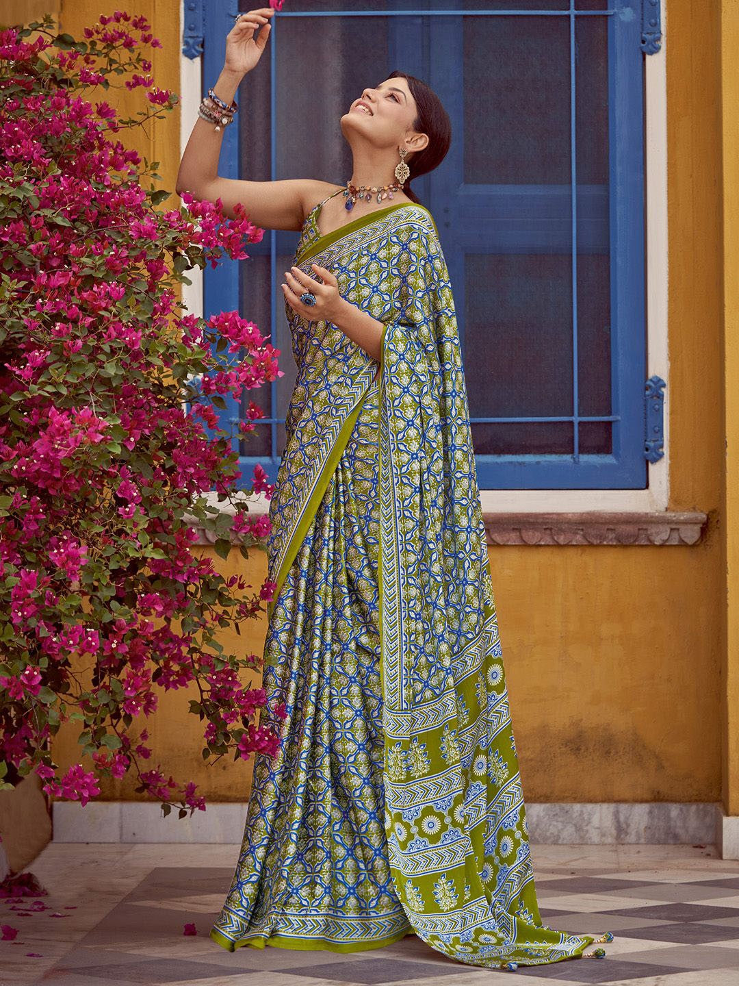 Green New Ajrakh Printed Satin Crepe Saree