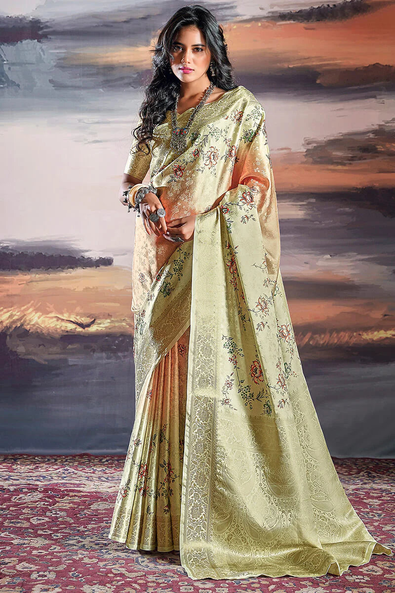 Graceful Beige Floral Printed Satin Silk Saree