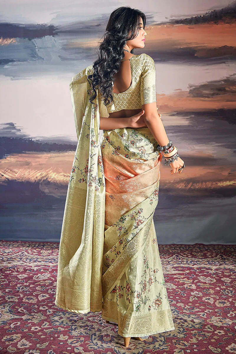 Graceful Beige Floral Printed Satin Silk Saree