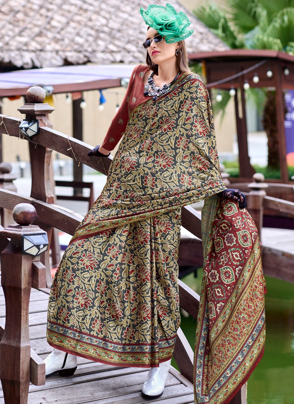 Office Wear Ajrakh Printed Satin Crepe Saree