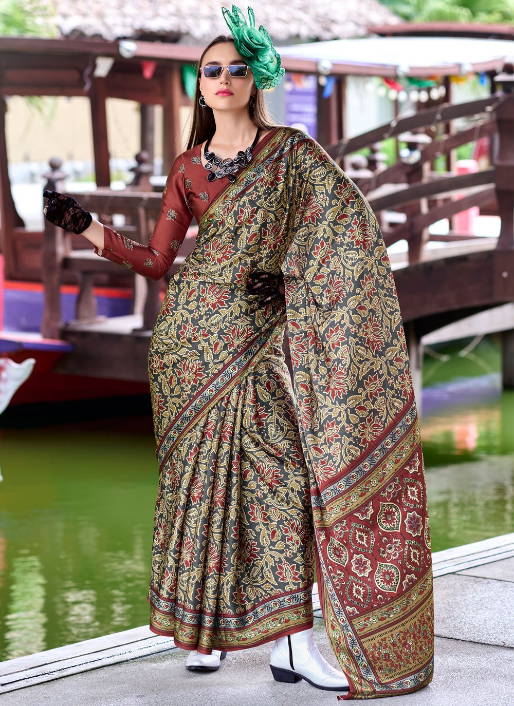 Office Wear Ajrakh Printed Satin Crepe Saree