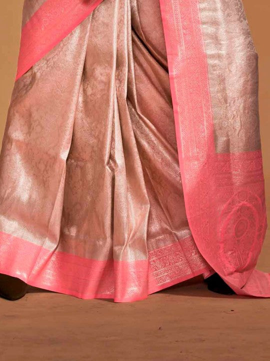 White And Peach Woven Kanjivaram Soft Silk Saree