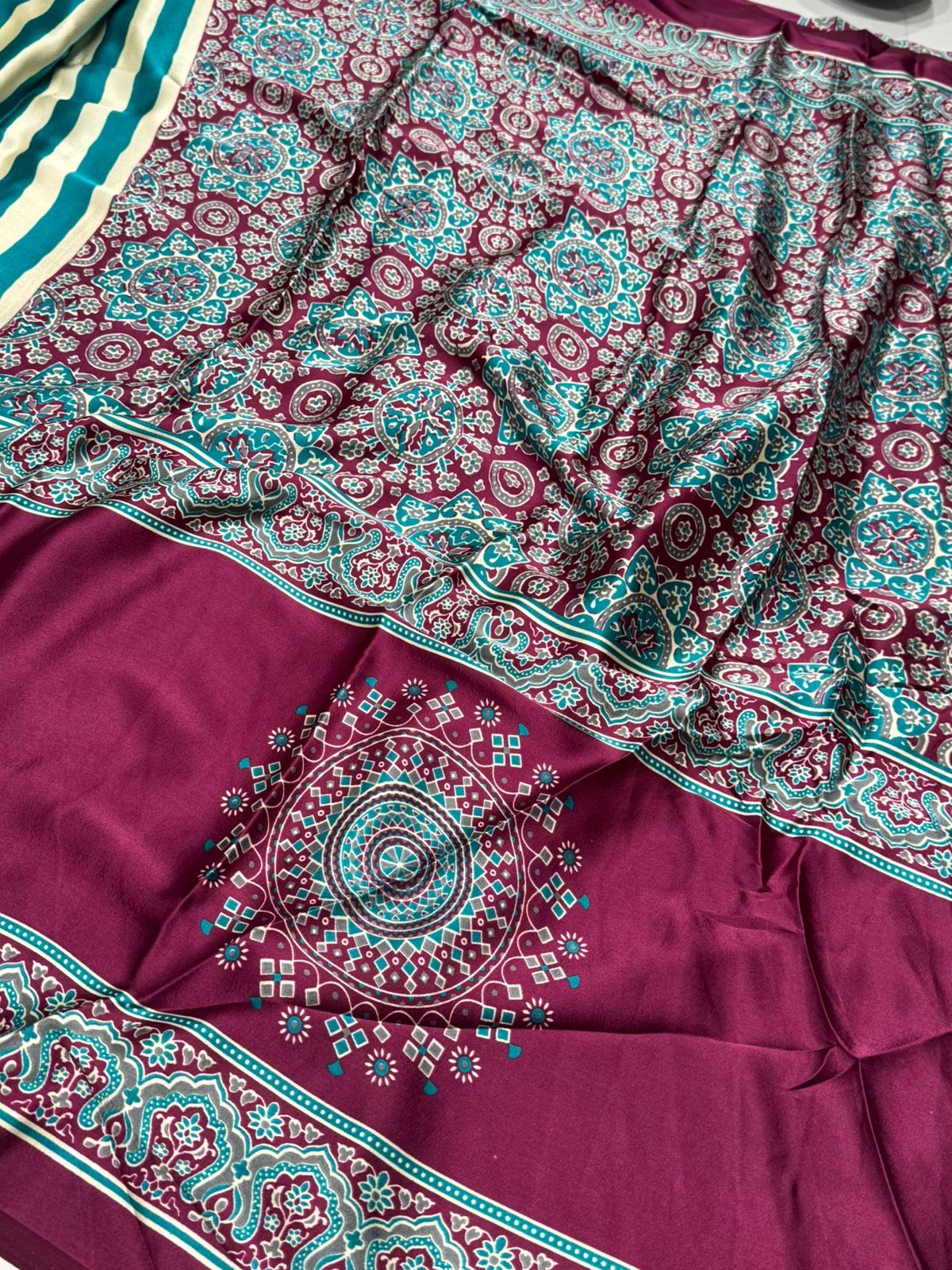 Deep Aqua Striped Ajrakh Hand-Printed Modal Silk Saree