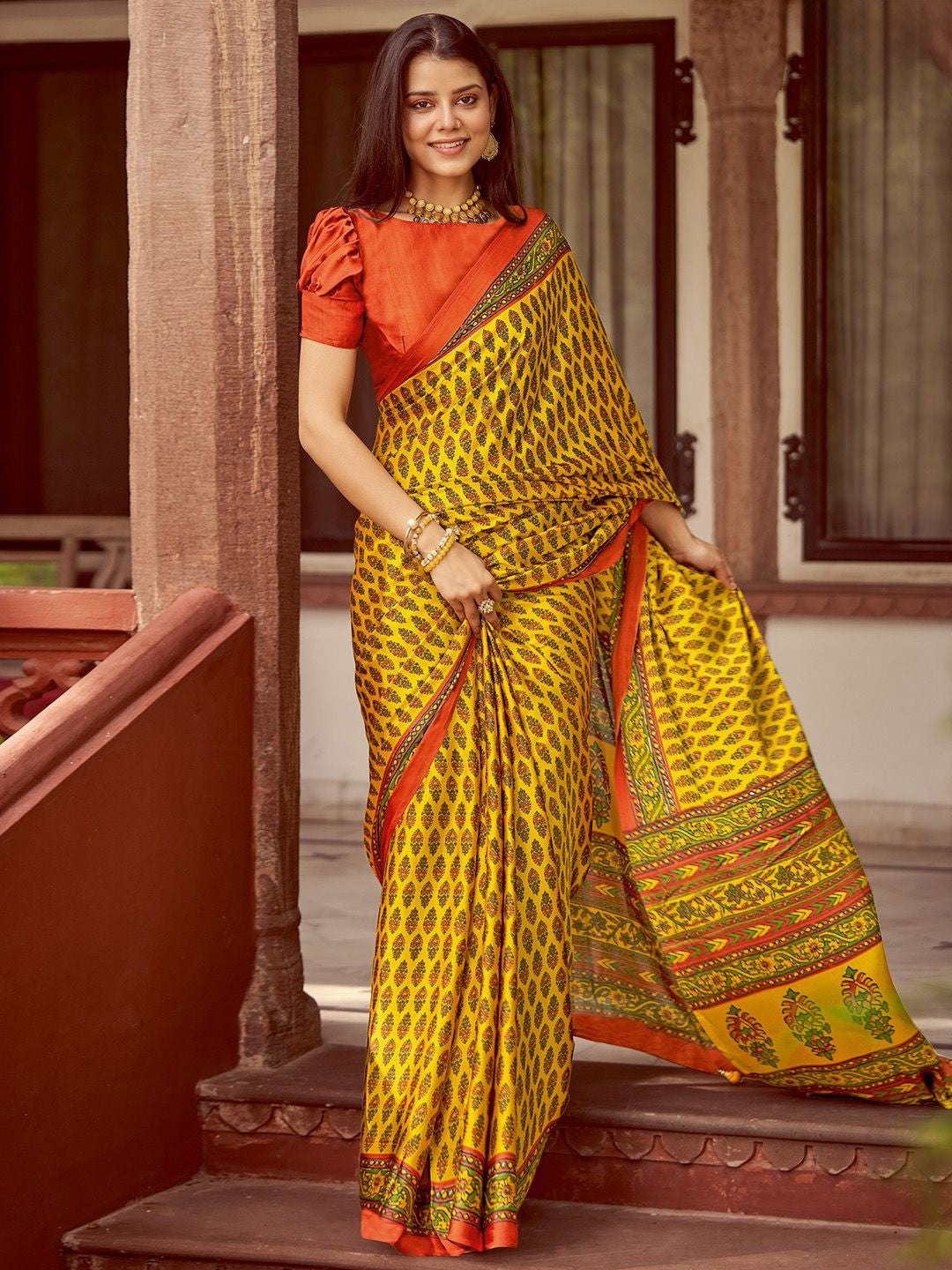 Yellow New Ajrakh Printed Satin Crepe Saree