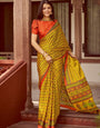 Yellow New Ajrakh Printed Satin Crepe Saree