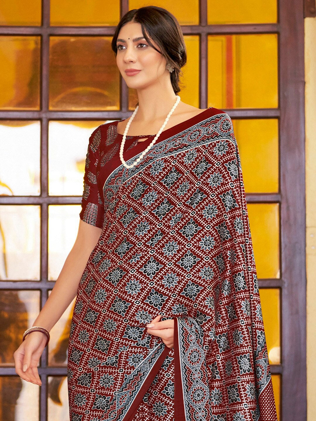 Maroon New Ajrakh Printed Satin Crepe Saree