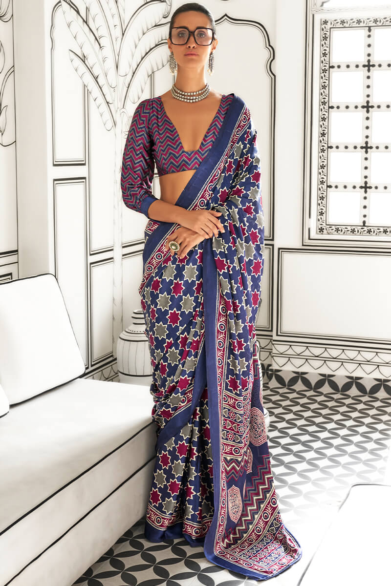 Comet Purple Printed Ajrakh Satin Crepe Saree