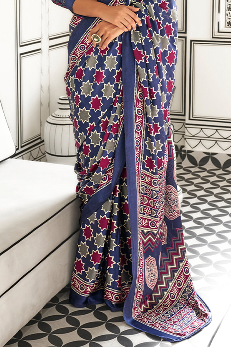 Comet Purple Printed Ajrakh Satin Crepe Saree