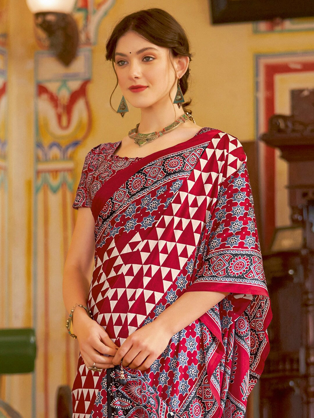 Maroon New Ajrakh Printed Satin Crepe Saree