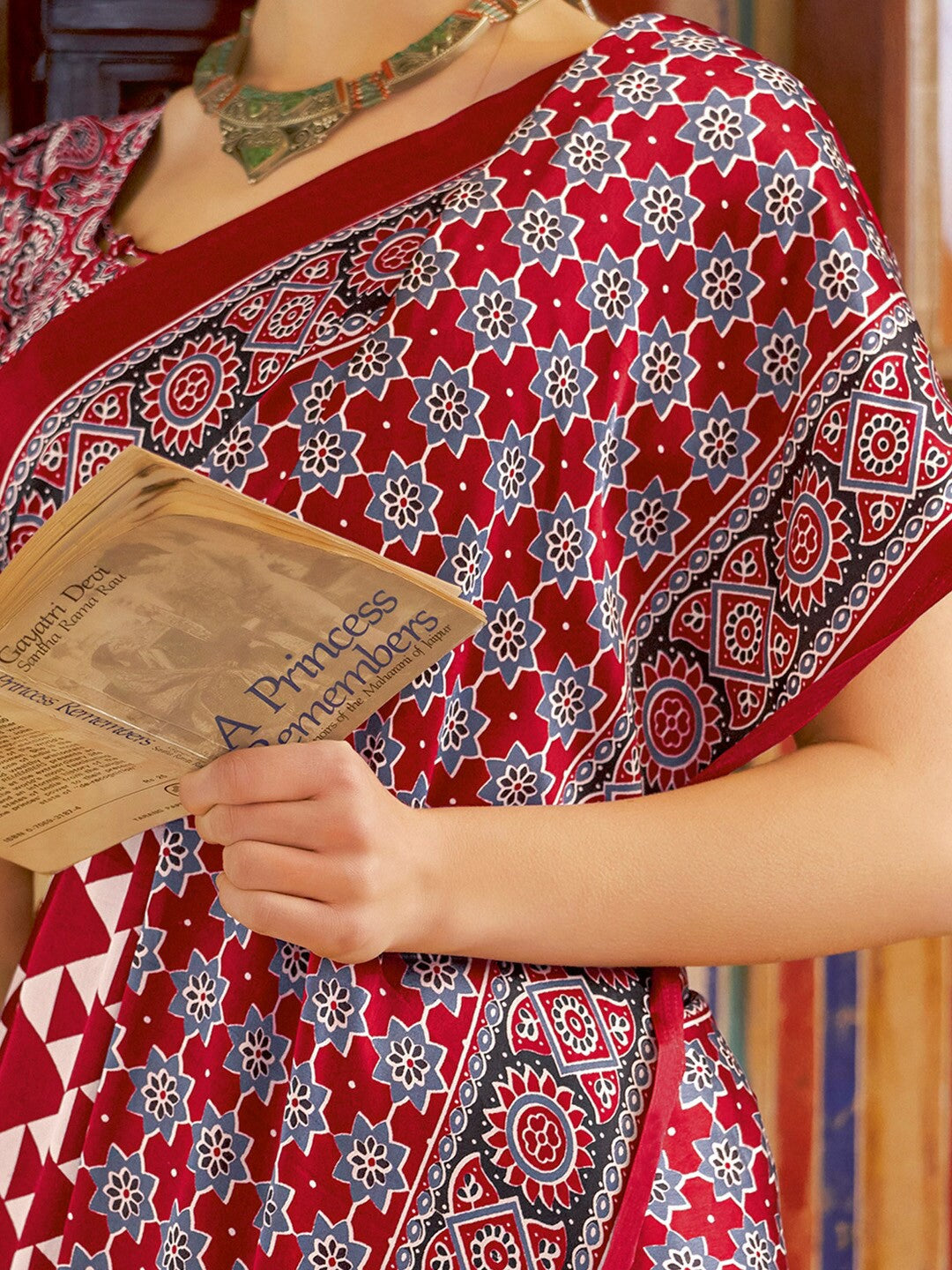 Maroon New Ajrakh Printed Satin Crepe Saree