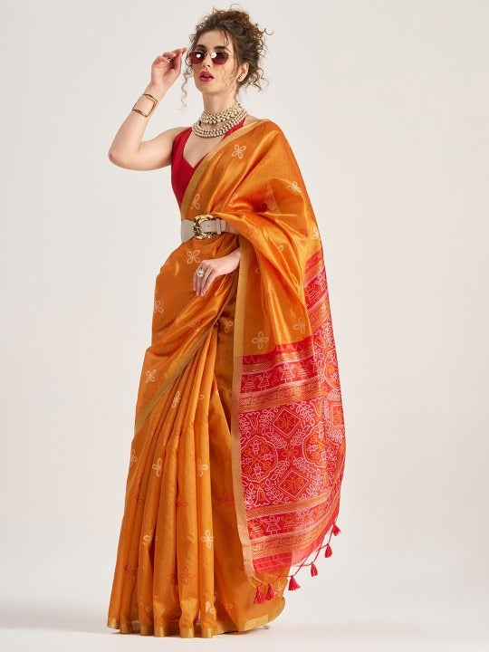 Orange Patola Handloom Saree With Fancy Blouse