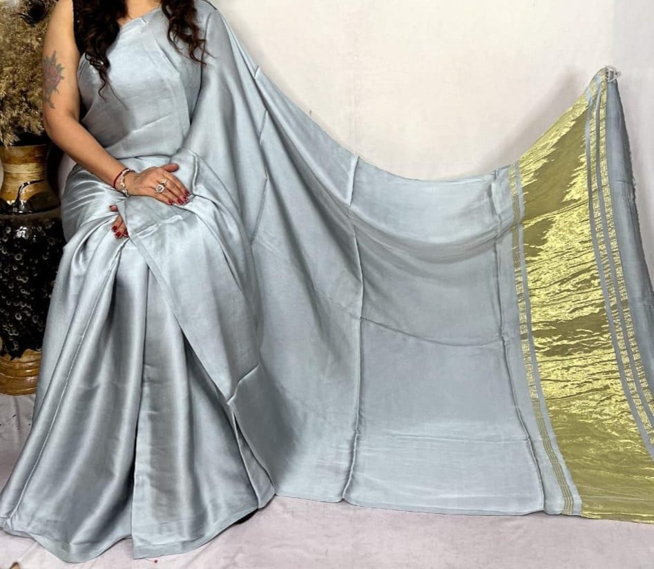 Grey Plain Pure Modal Gajji Silk Saree With Zari Pallu Natural dyeing Saree