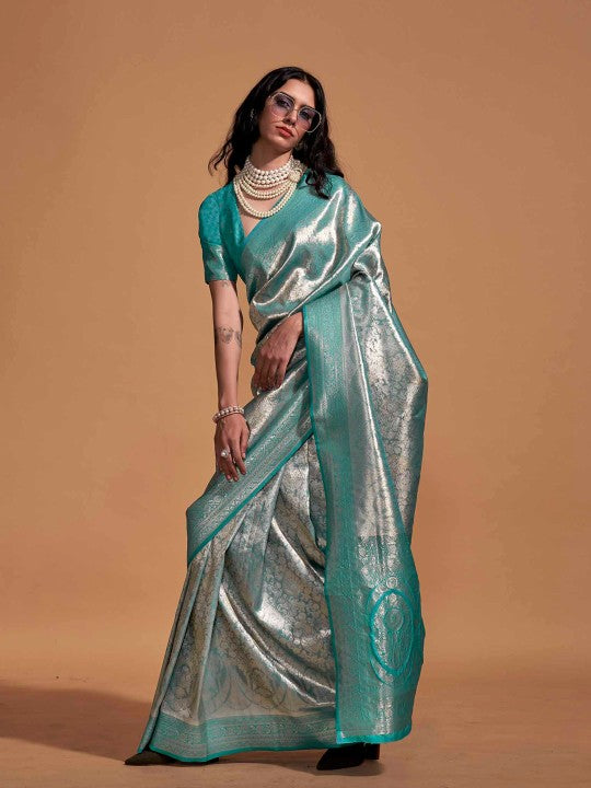Firozi Woven Kanjivaram Soft Silk Saree