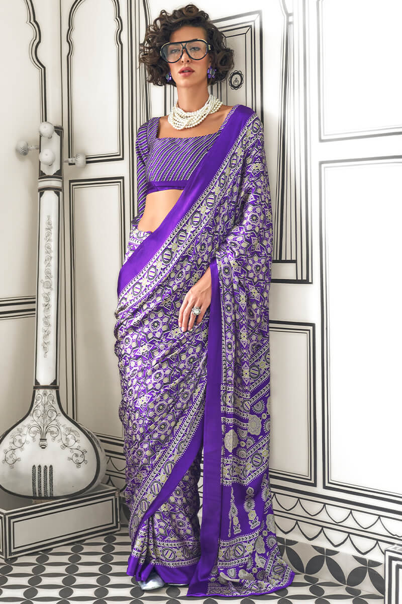 Purple Printed Ajrakh Satin Crepe Saree