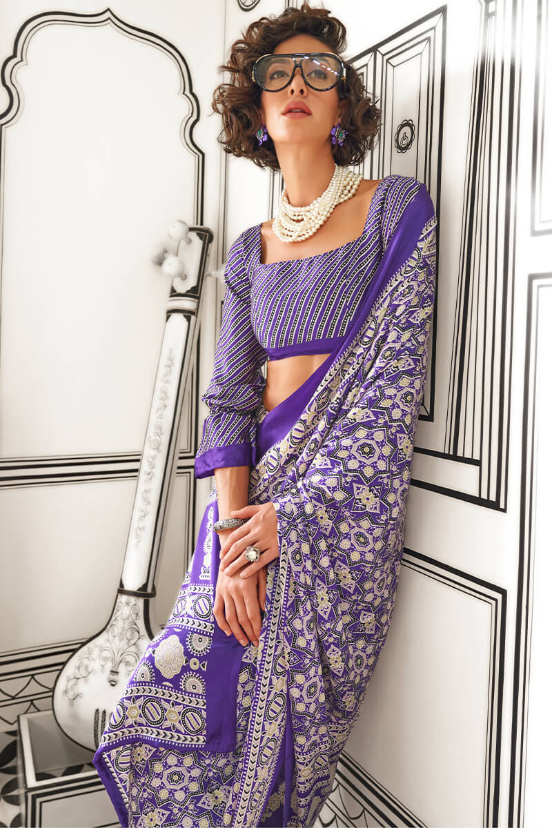 Purple Printed Ajrakh Satin Crepe Saree