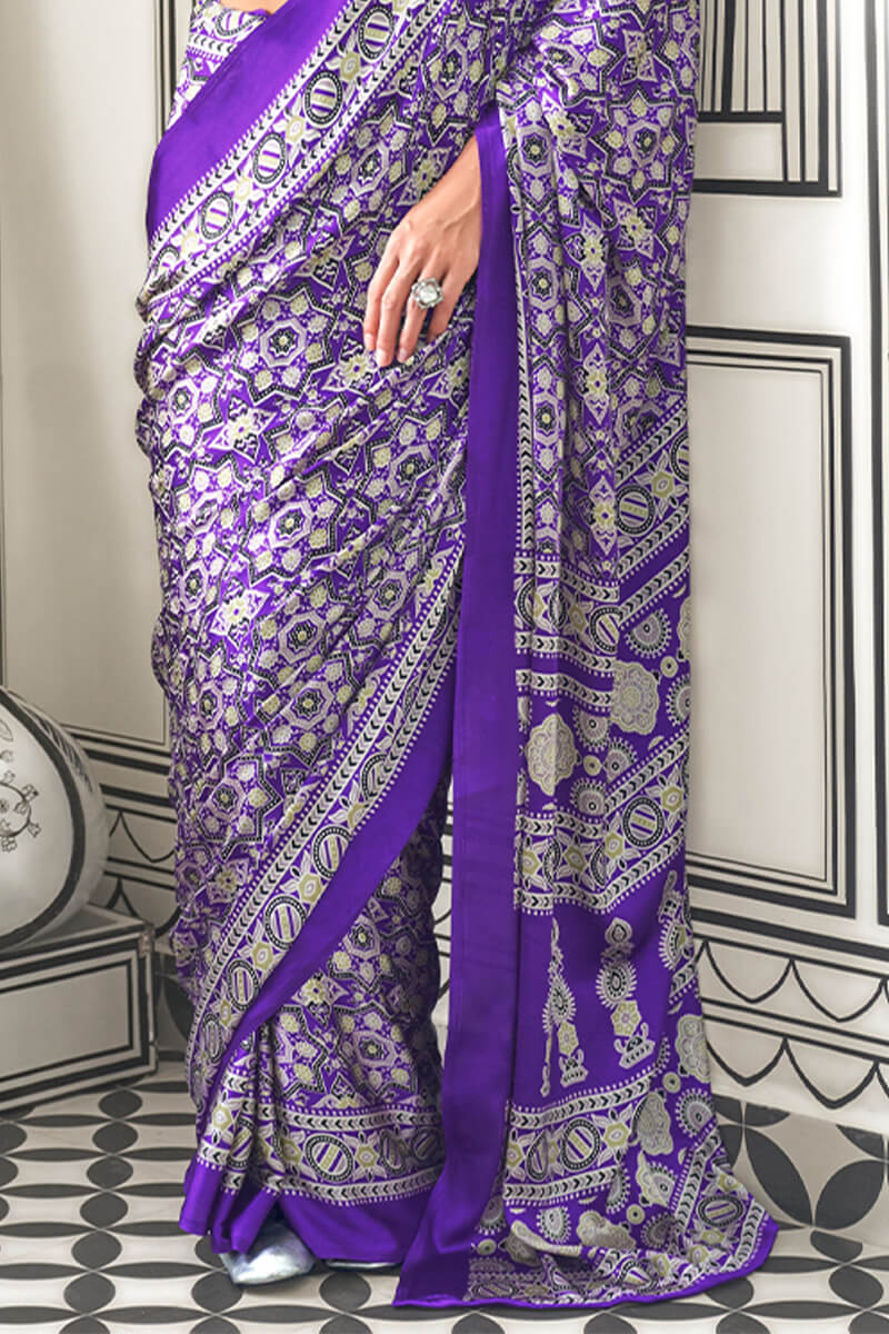 Purple Printed Ajrakh Satin Crepe Saree