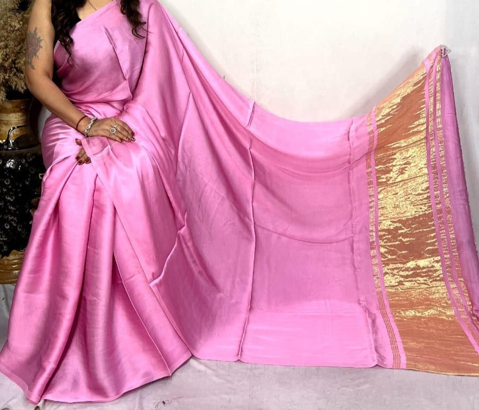 Light Pink Plain Pure Modal Gajji Silk Saree With Zari Pallu Natural dyeing Saree